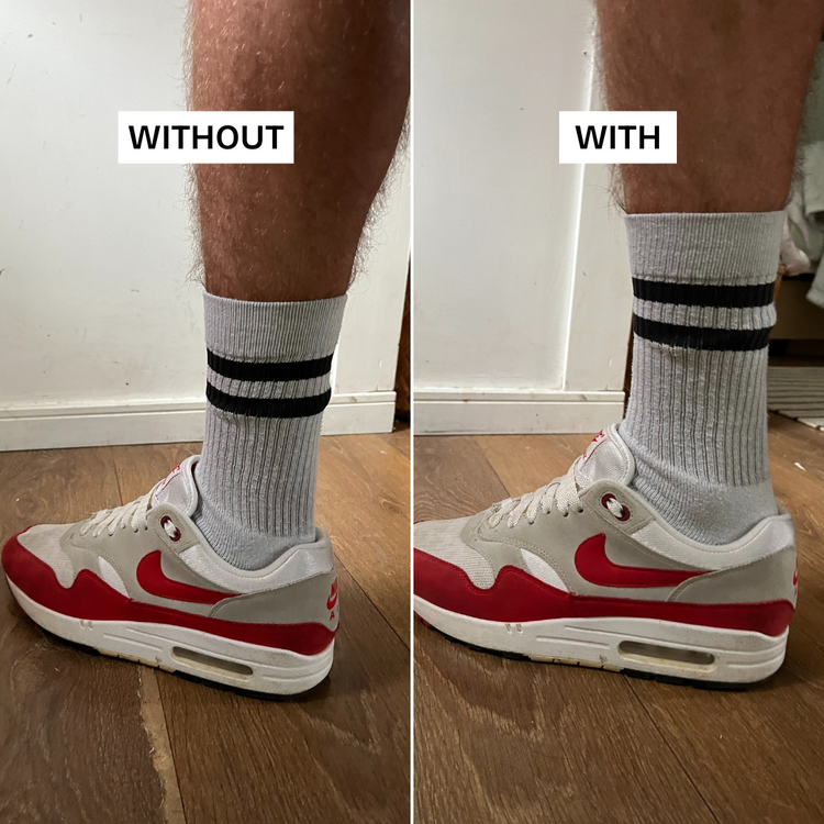side by side photo of person wearing shoes with Inchmaxxers 2.0 - Height Increasing Insoles