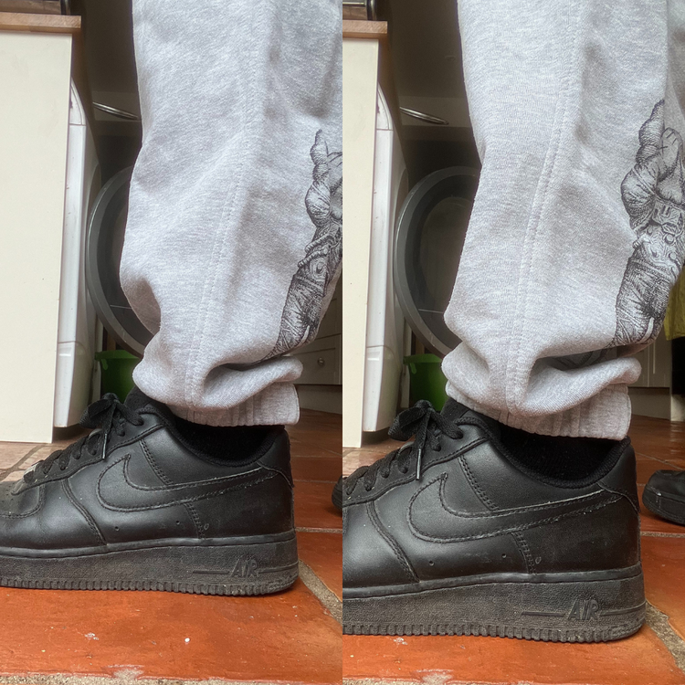side by side images of Black Nike sneakers worn with gray sweatpants on a tiled floor, wearing Inchmaxxers 2.0 - Height Increasing Insoles in the shoes.