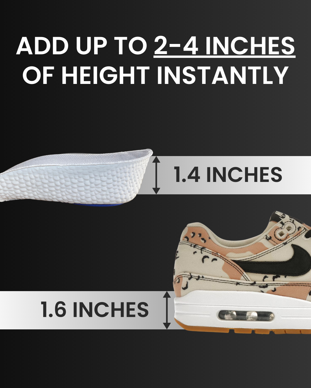 White Inchmaxxer 2.0 height boosting insoles with measurements and a sneaker showing height increase on a black background.