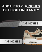 Black Inchmaxxer 2.0 height boosting insoles with measurements and a sneaker showing height increase on a black background