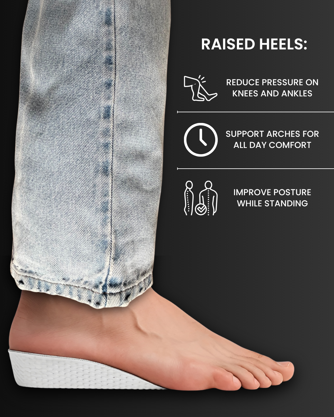 Foot standing on Inchmaxxer 2.0 height boosting insole with raised heel on a black background, showing benefits of raised heels.
