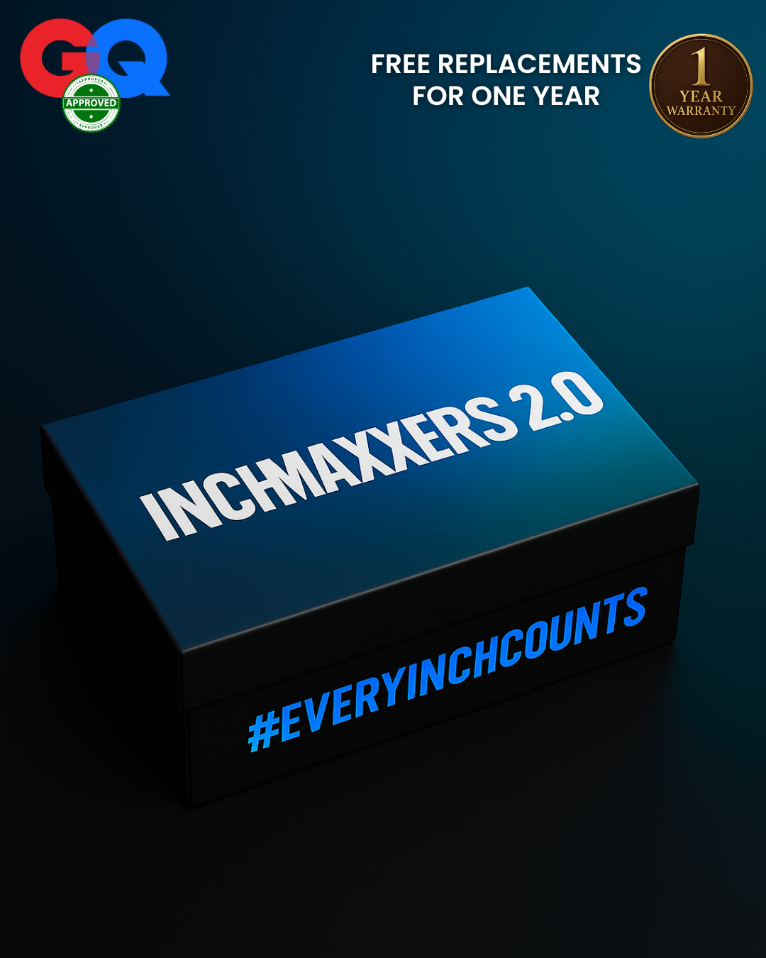 Product packaging with 'INCHMAXXERS 2.0' branding on a dark background