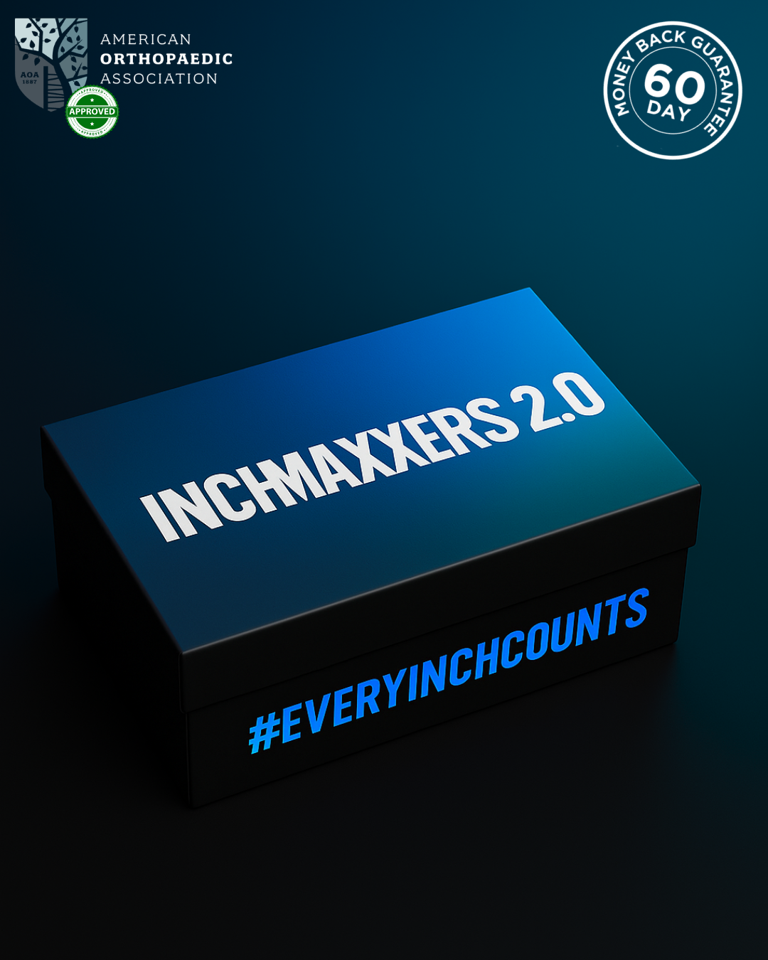 Inchmaxxers 2.0 height boosting insoles box on black background with returns information.