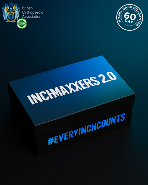 Inchmaxxers 2.0 height boosting insoles box on black background with returns information.