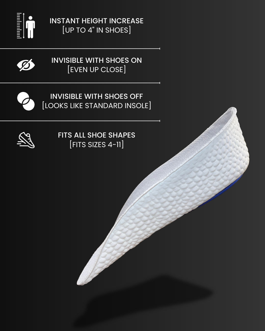 White Inchmaxxer 2.0 height boosting insoles with features listed on a black background