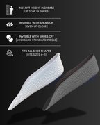 Black and white Inchmaxxer 2.0 height boosting insoles with features listed on a black background