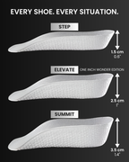 Three Inchmaxxer 2.0 height boosting insoles shoe inserts with labeled heights on a black background