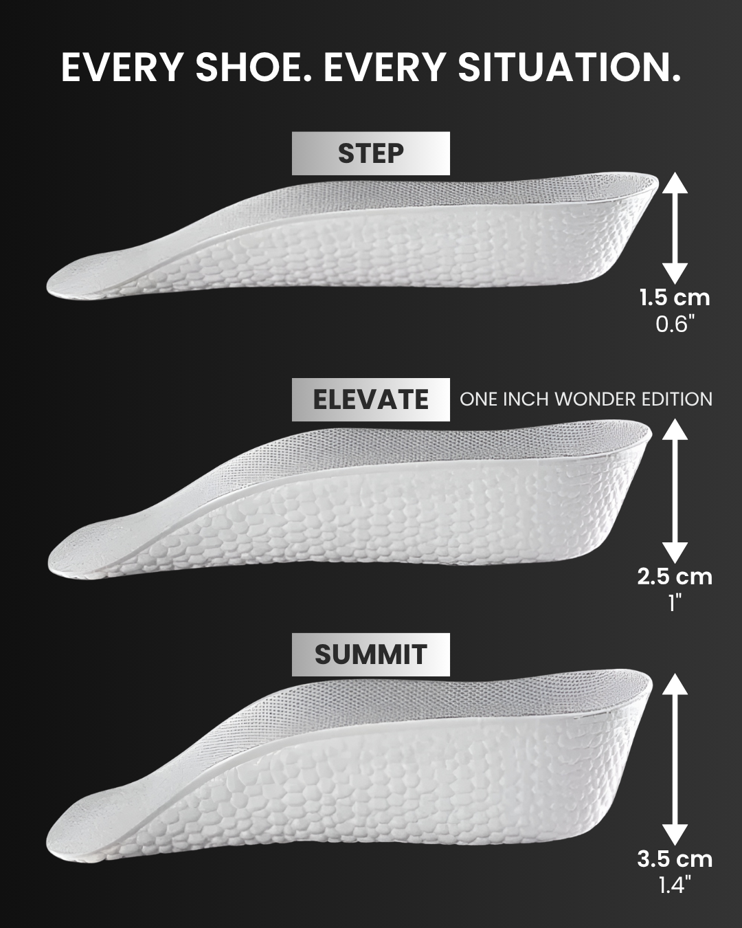 Three Inchmaxxer 2.0 height boosting insoles shoe inserts with labeled heights on a black background