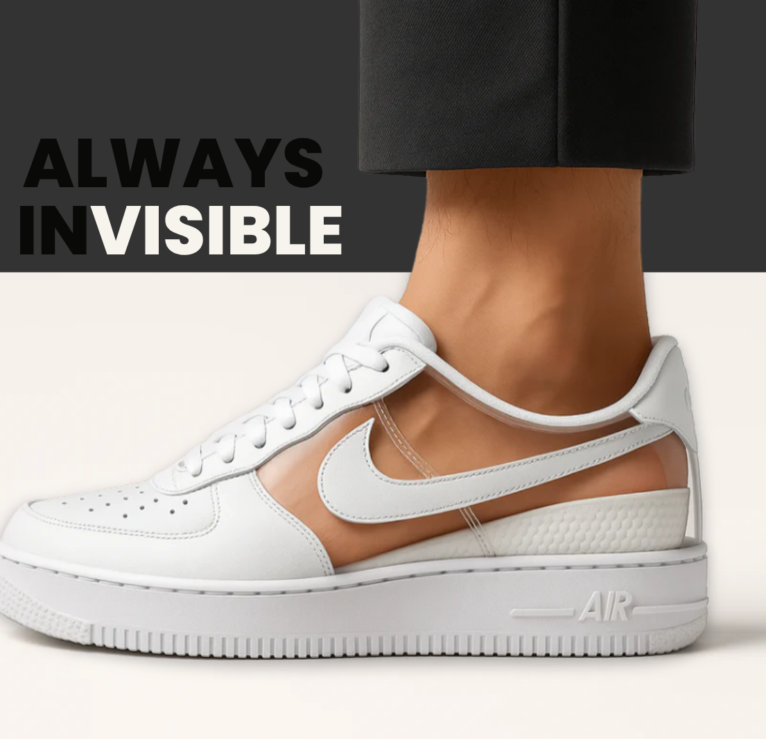 Inchmaxxers 2.0 - Height Increasing Insoles in transparent shoe showing discretion with text "always invisible"