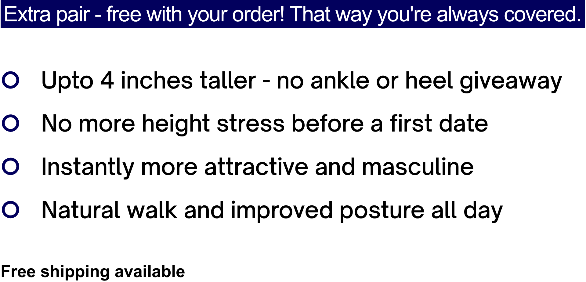 Promotional text for Inchmaxxers height-increasing product with benefits and promotion listed. Also returns, free shipping and warranty information.