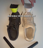 Video of black and white inchmaxxers 2.0 being placed into a black and white shoe showing how discrete they are with the heading "Invisible in any shoe"